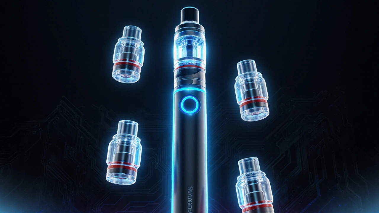 Futuristické vape s adaptérem a několika cartridge v modrém světle.
