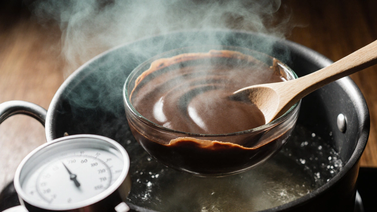 Makro záběr na roztékající se čokoládu v bain-marie při 42 °C s teploměrem a parou.