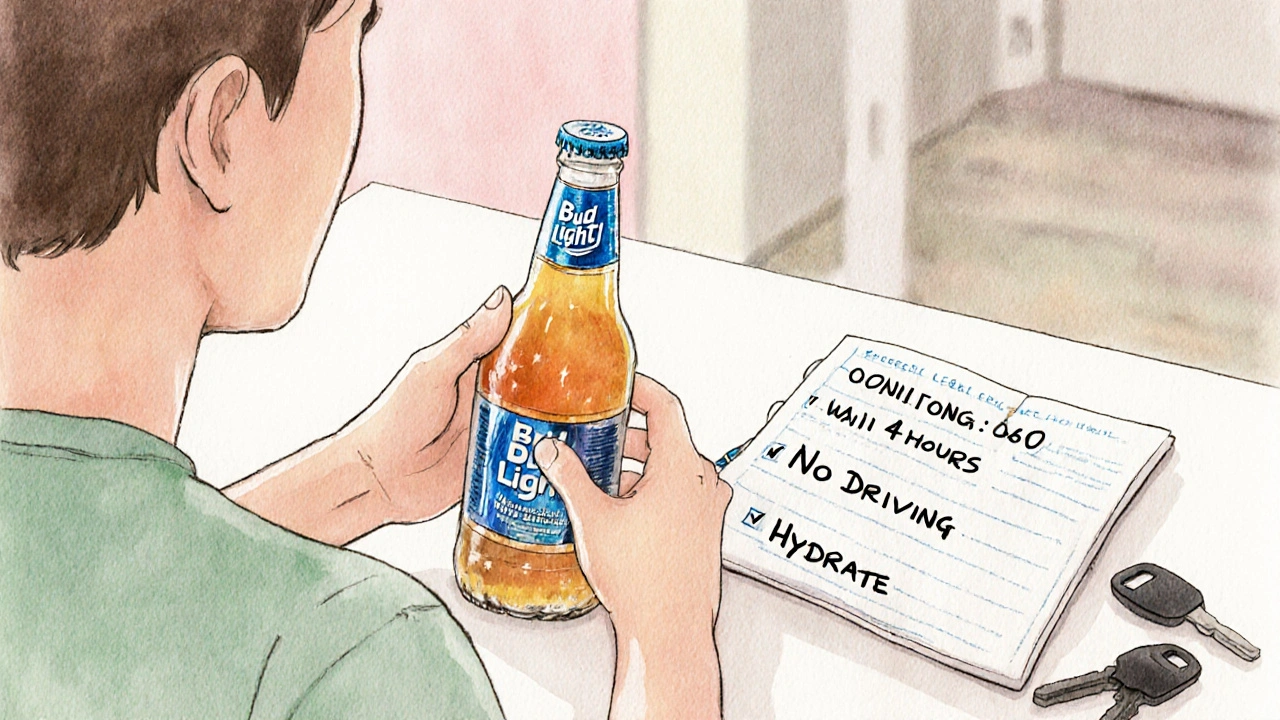 Person checking a sealed cannabis drink bottle at a table with car keys nearby.