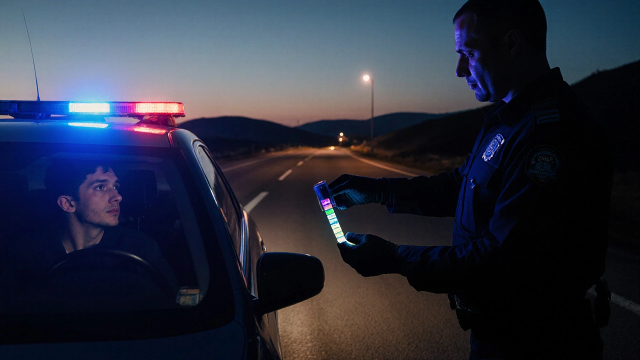 Policista kontroluje řidiče na silnici pomocí ústního testu na drogy.