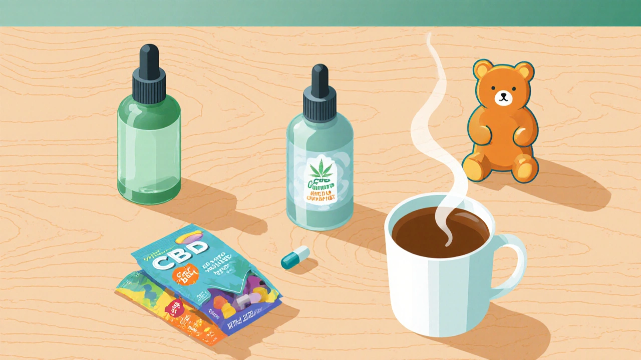 Rozložení CBD produktů – olej, kapsle, gummies a čaj na dřevěném stole.