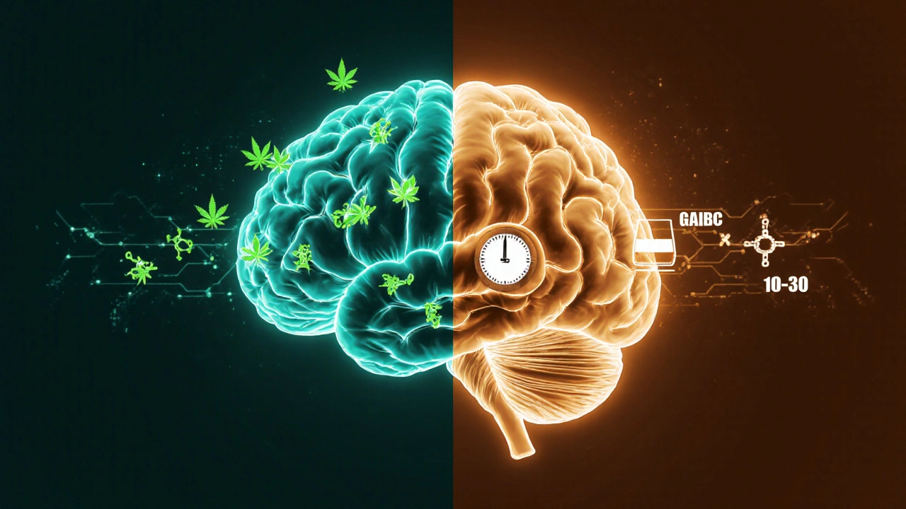 Split brain illustration showing THC binding on one side and alcohol effect on the other.