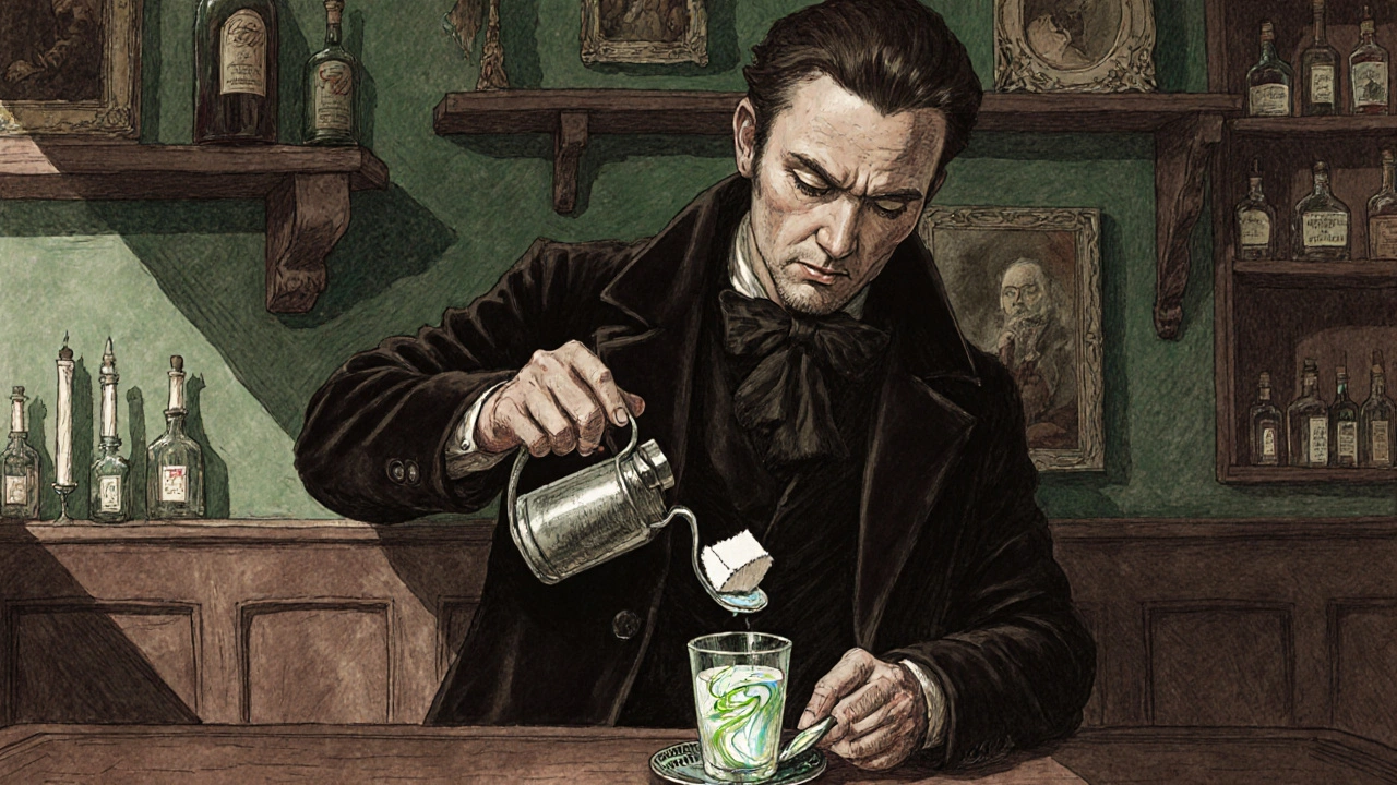 Klasická scéna přípravy absintu v 19. století: cukr na lžíci, voda přetékající do sklenice, mléčný efekt a starožitné nábytek.