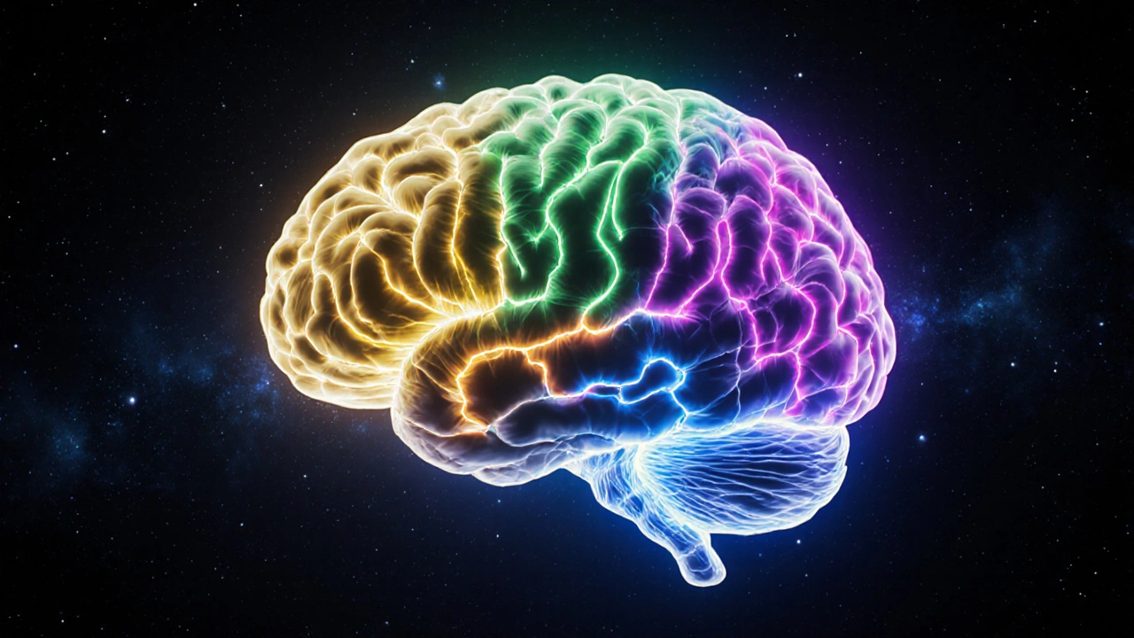 Lidský mozek s čtyřmi barevnými cestami psychotropních látek