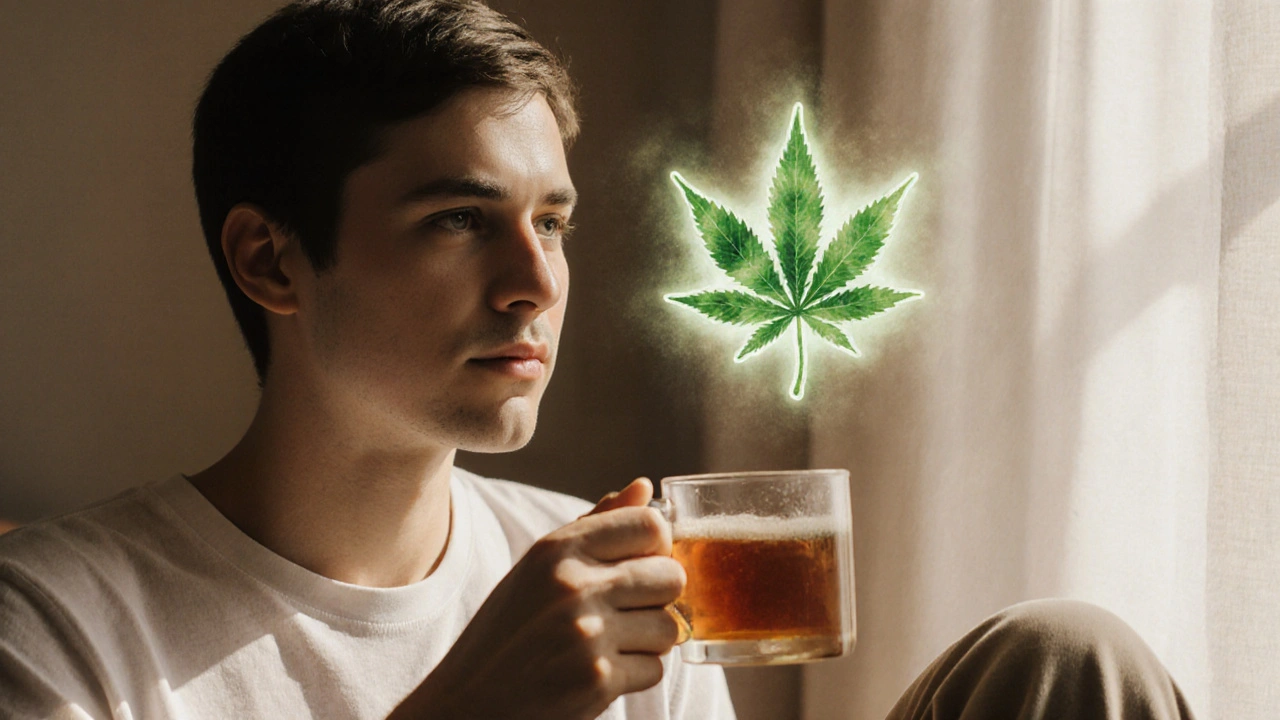 Osoba v klidu v osvěženém pokoji s jemnou zelenou aura tvaru listu nad hlavou, symbolizující jasnou psychoaktivitu THCV.