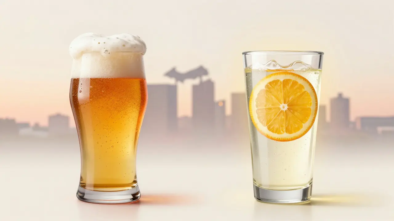 Dvě nápoje vedle sebe: alkoholický pivo a konopný nápoj, symbolizující klid versus agresivitu.