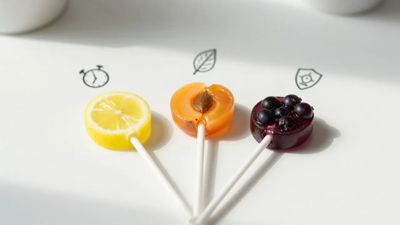 Tři konopné lollipopy s různými chutěmi a symboly jejich vlastností na bílém pozadí.