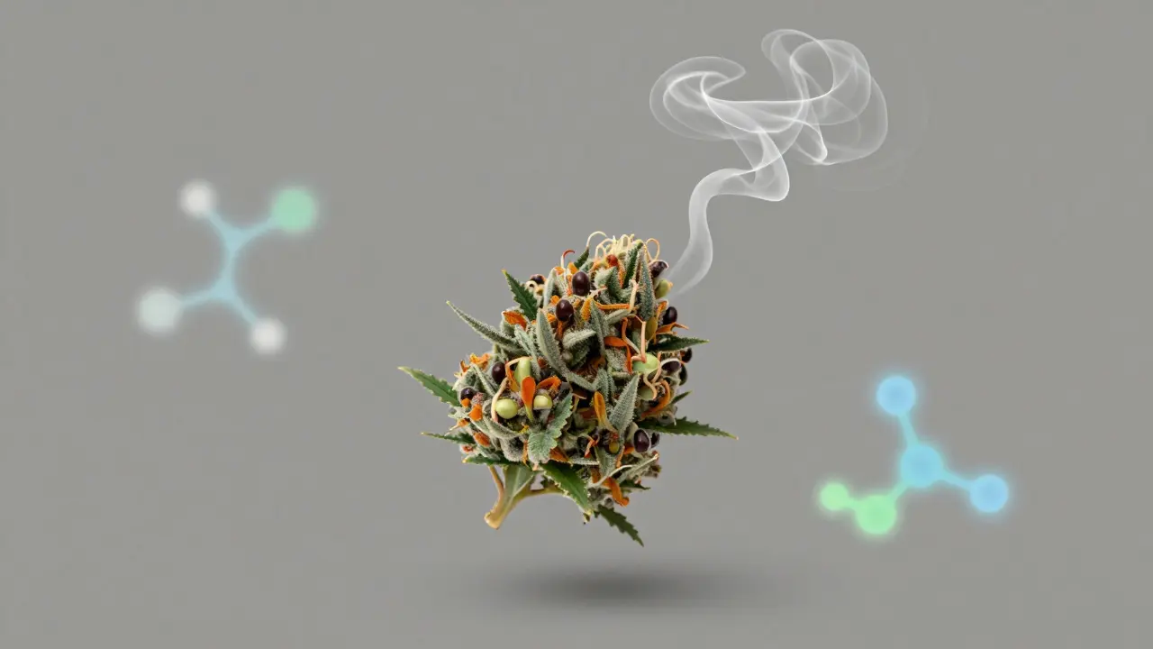 Umělecká reprezentace CBD květiny ACDC s terpenovými vlnami a molekulami.