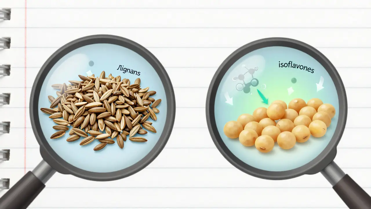 Magnified comparison of hemp hearts and soybeans showing weak vs strong phytoestrogens.