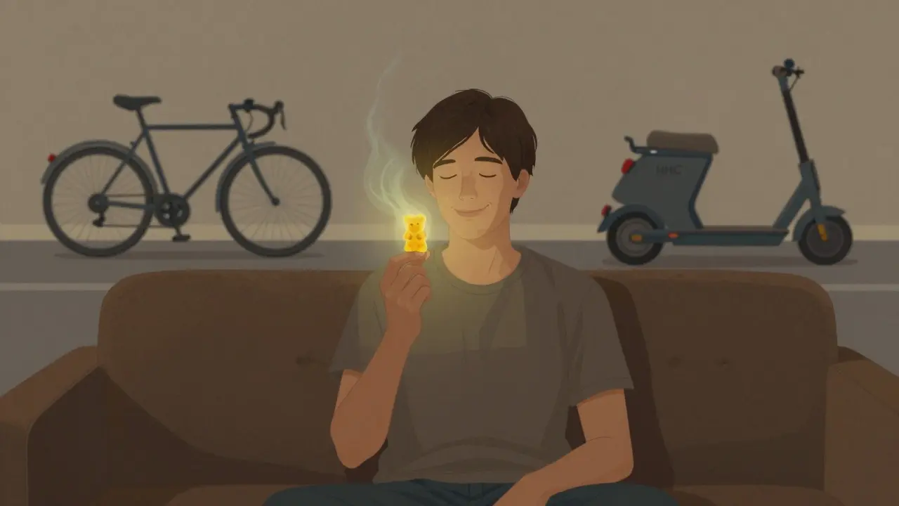 Osoba uvolněně sedí na kanapě, z ní vystupuje jemná energie, za ní jsou symboly jízdy na kole a e-skútru.