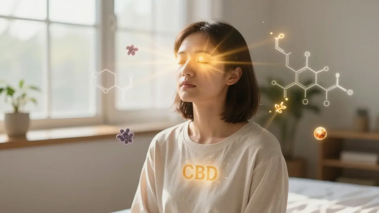 Osoba v klidu s jemným zlatým zářením symbolizujícím účinek CBD