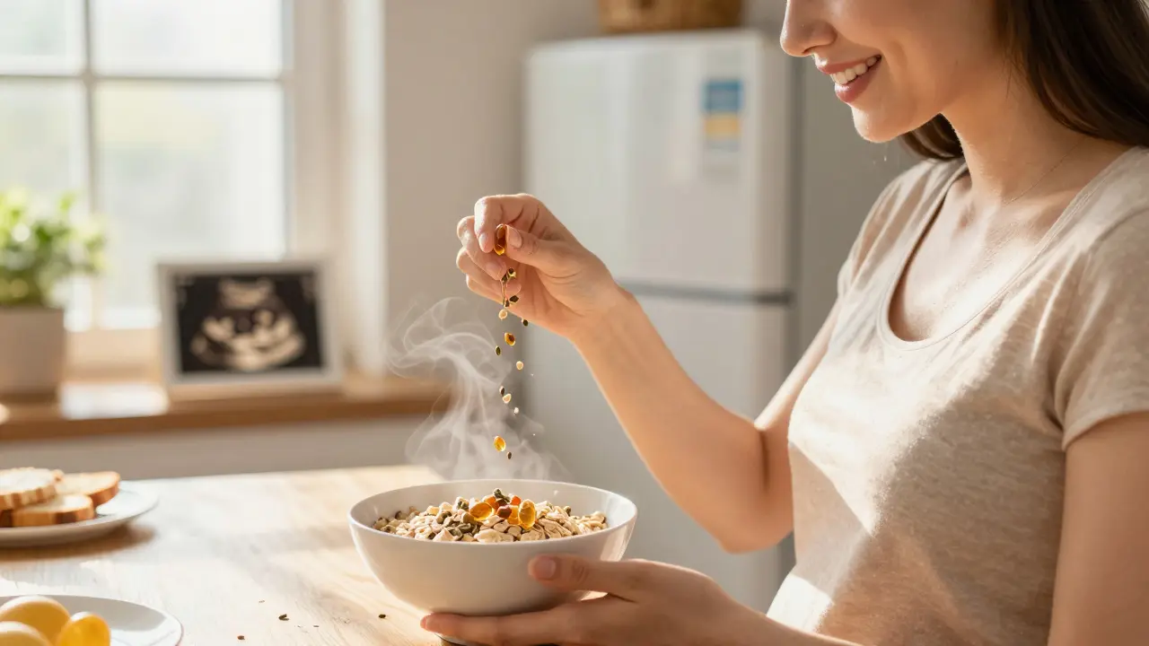 Pregnant woman adding hemp hearts to oatmeal in a sunlit kitchen.
