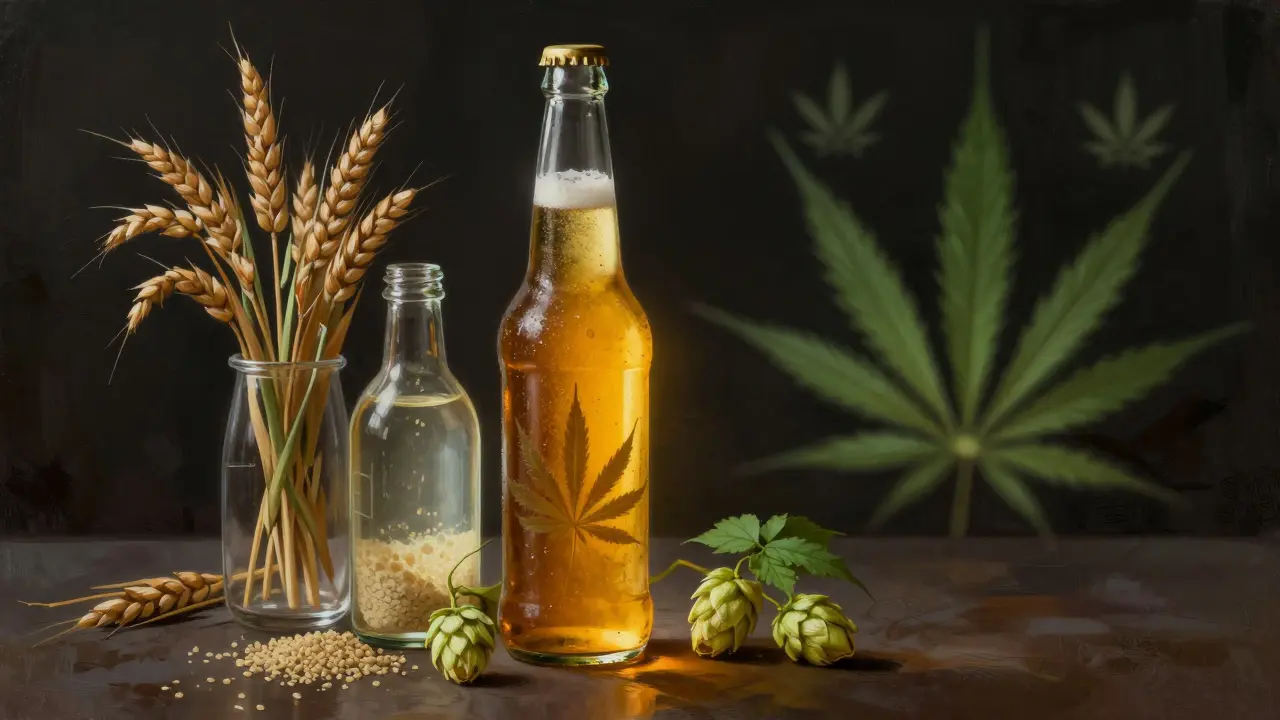 Rozdělená láhev: jedna strana ukazuje tradiční ingredience piva, druhá vykresluje fiktivní konopí.