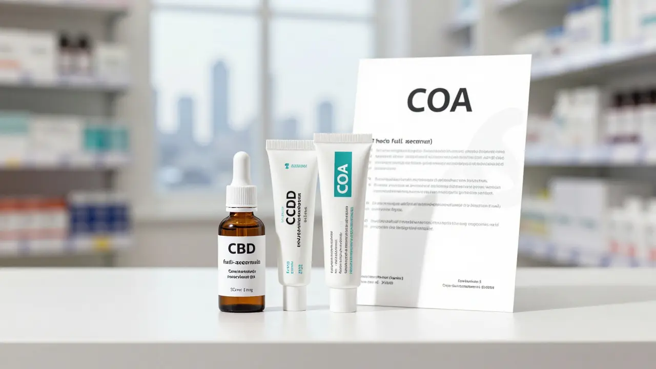 Tři kvalitní CBD produkty s certifikátem COA na čistém pozadí v českém prostředí.
