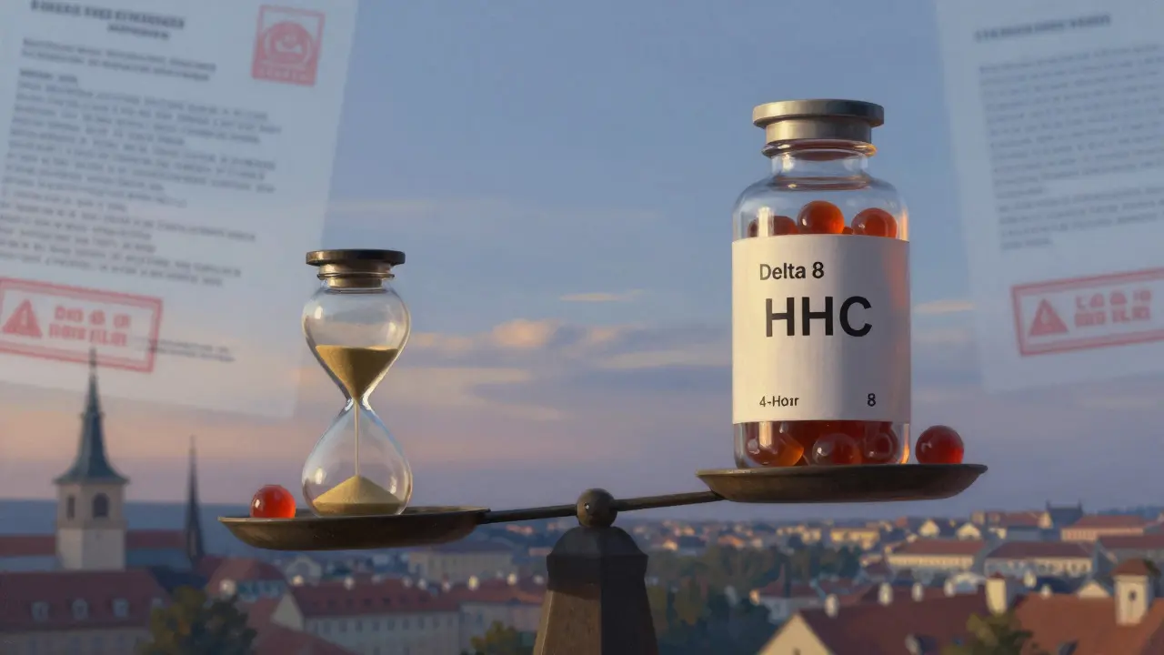 Váha s gumičkami HHC a delta 8, každá s hodinami písku, nad českým městem ve večeru s právními varováními.