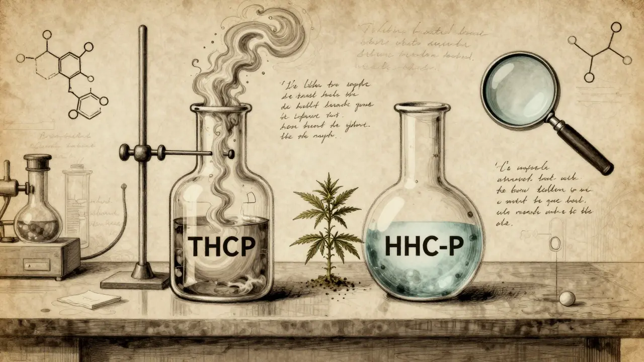 Vintage vědecký náčrt laboratoře s dvěma baňkami symbolizujícími THCP a HHC-P, s molekulárními diagramy.