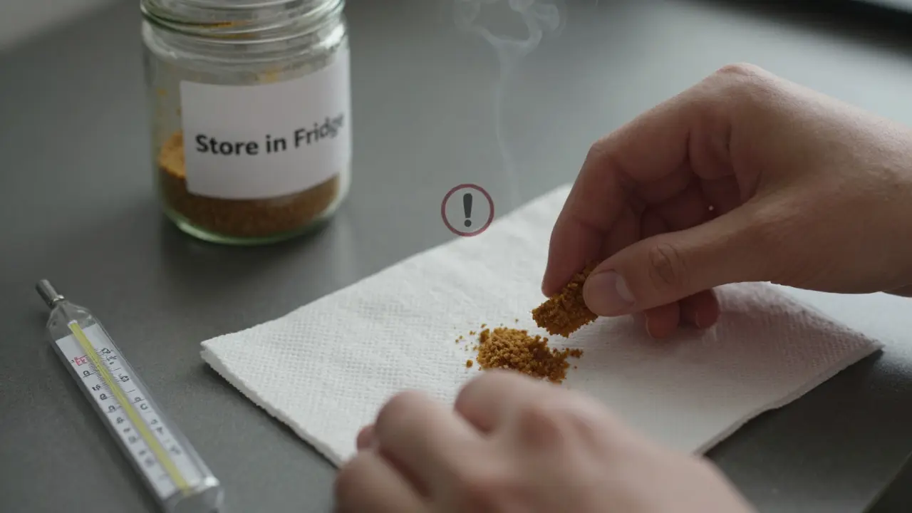 Člověk suší lepivý CBD crumble na papírové rukavici při pokojové teplotě.