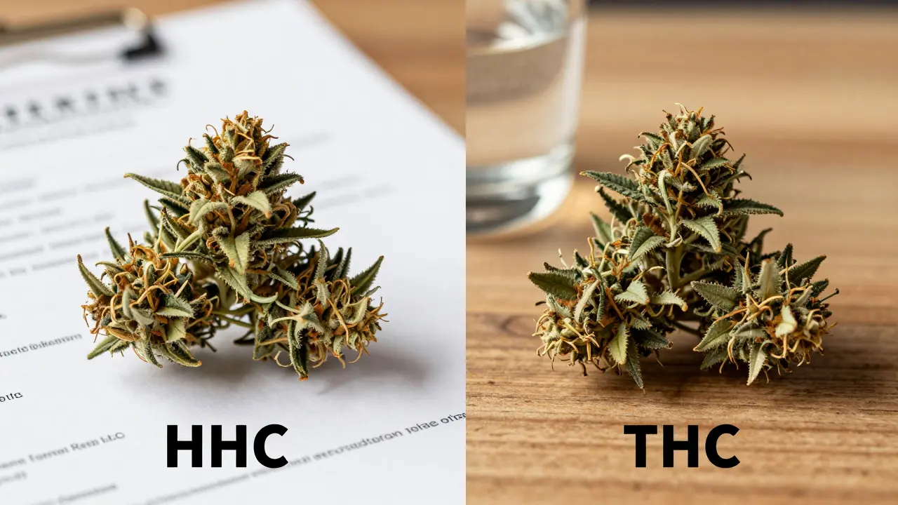 Dva konopné květy vedle sebe — HHC s jemným zlatým zářením a THC s příznaky stárnutí, vedle laboratorní certifikace.