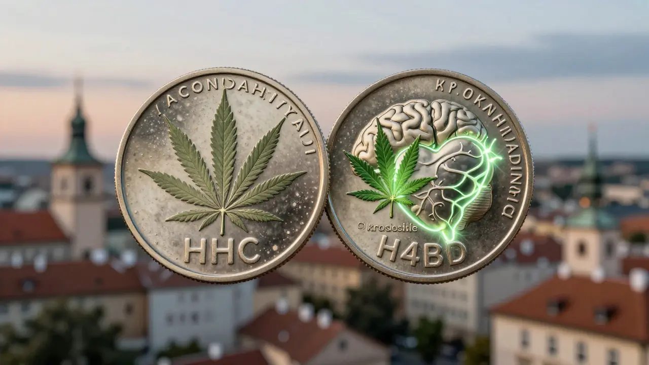 Dvoustranná mince symbolizující rozdíly mezi HHC a H4CBD ve tvaru mozkových a srdcových energií.