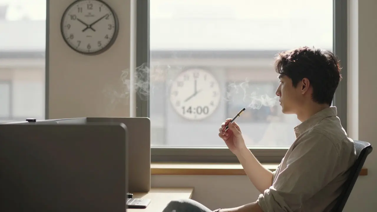 Person calmly sitting by a window with time showing 14:00 and 22:00