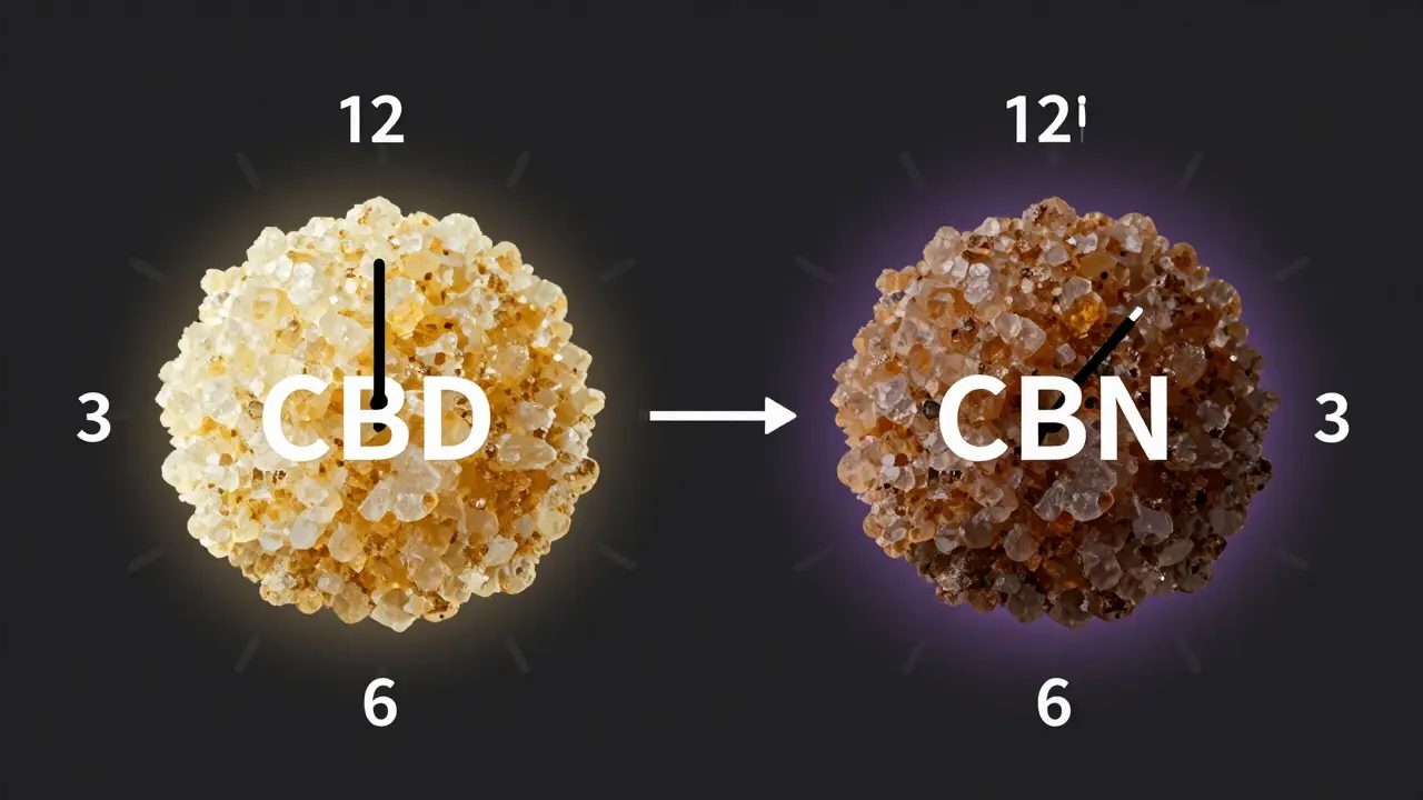 Přeměna CBD na CBN v crumble během času – zlatý krystalický materiál se mění na tmavší hmotu.