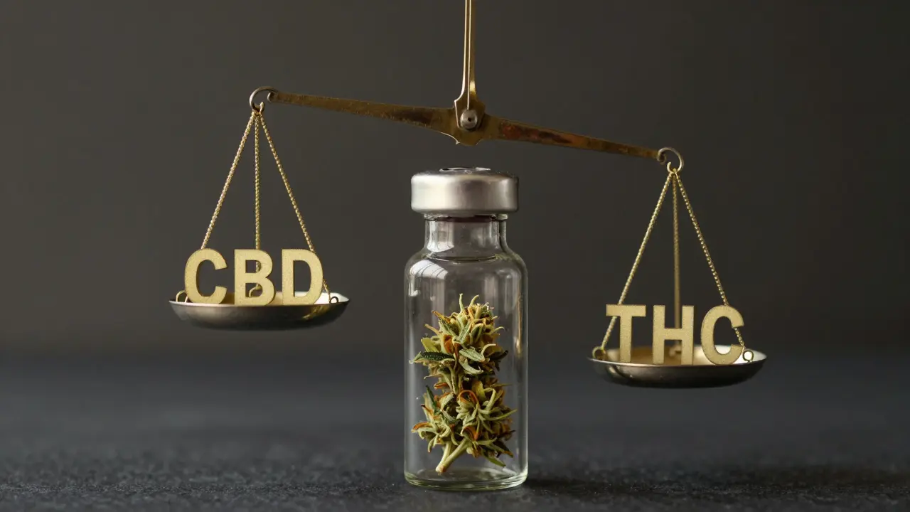 Skleněná lahvička s konopnými květy na váze, která ukazuje rovnováhu mezi CBD a THC.