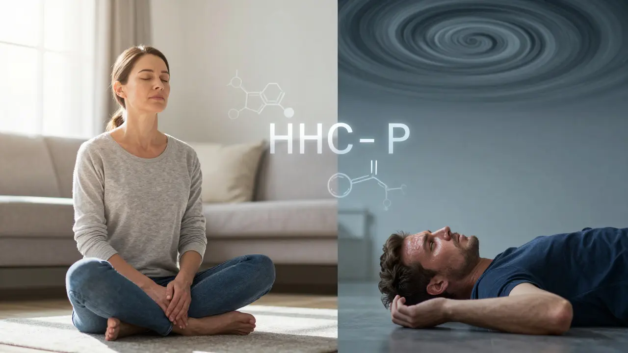 Žena v klidu vs. muž ztracený v halucinacích — dvě strany účinku HHC-P.