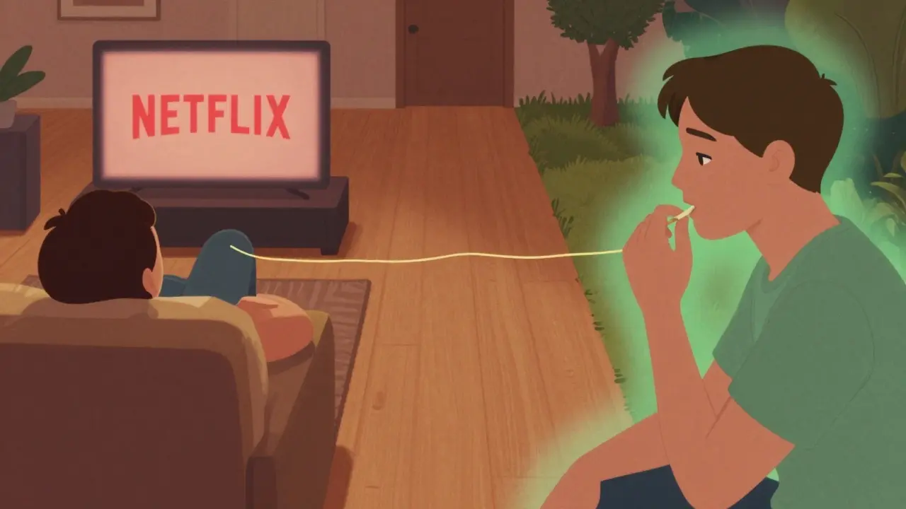 Dvě scény: člověk sleduje Netflix a druhý žvýká CBD žvýkačku — oba se uvolňují jiným způsobem.