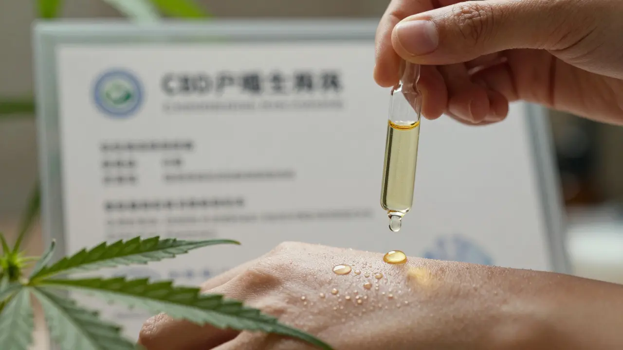 Kapky CBD sérum na čisté pokožce s částečně viditelným laboratorním certifikátem.