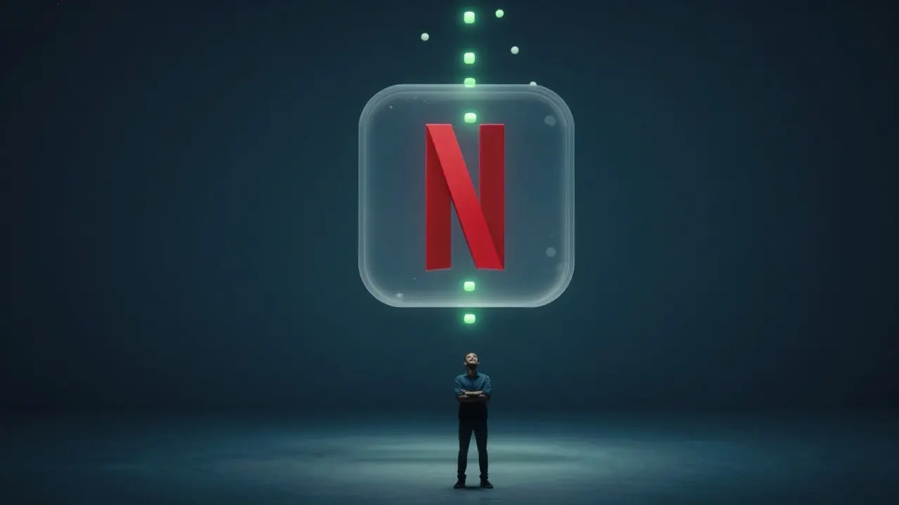 Průhledný Netflix logo plave v temnotě, z něj vystupují světlé žvýkačky CBD — symbolický obraz odpočinku.