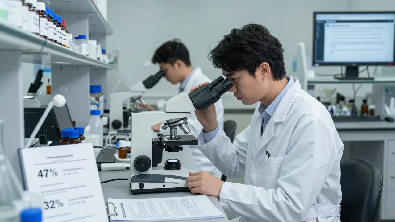 Vědecká laboratoř s výzkumníky analyzujícími CBD a klinická data o účinku na kůži.