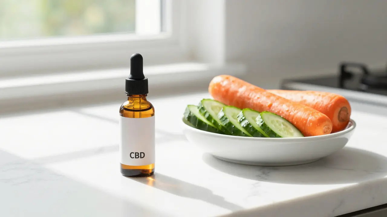Kapičky CBD oleje vedle misky s čerstvou mrkví a okurkou v bright kuchyni.