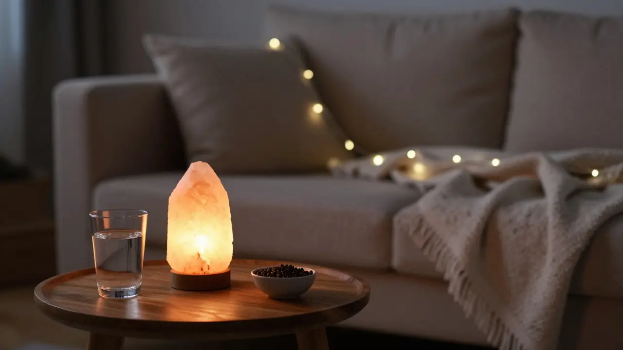 Klidný interiér s vodou a pepřem v zrnkách pro relaxaci a zklidnění.