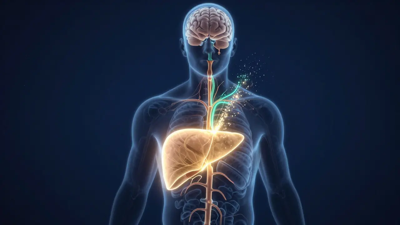 Konceptuální ilustrace metabolizace Delta 8 v játrech a krevním oběhu lidského těla.