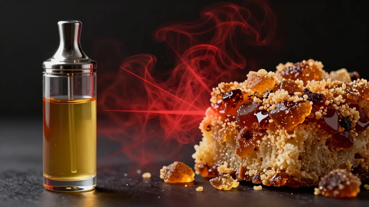 Konceptuální srovnání tekutého CBD oleje a pevného crumble znázorňující nekompatibilitu.