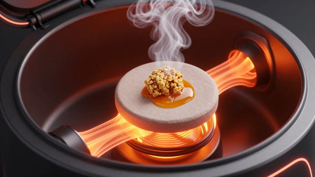 Konceptuální zobrazení zahřívání crumble na keramickém coilu v dab penu.