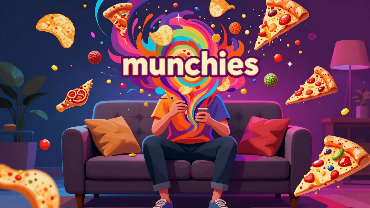 Kresba osoby obklopené létajícími snacky symbolizující pocit hladu munchies.
