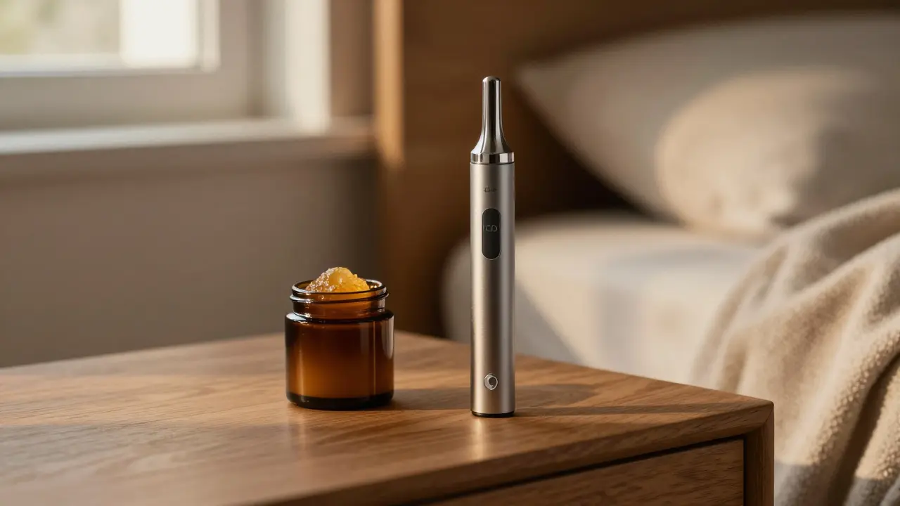 Moderní vaporizér a CBD crumble na stole v uklidňující atmosféře