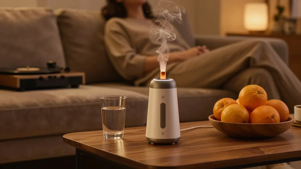 Relaxační koutek s vaporizérem, vodou a citrusy v útulném obývacím pokoji.