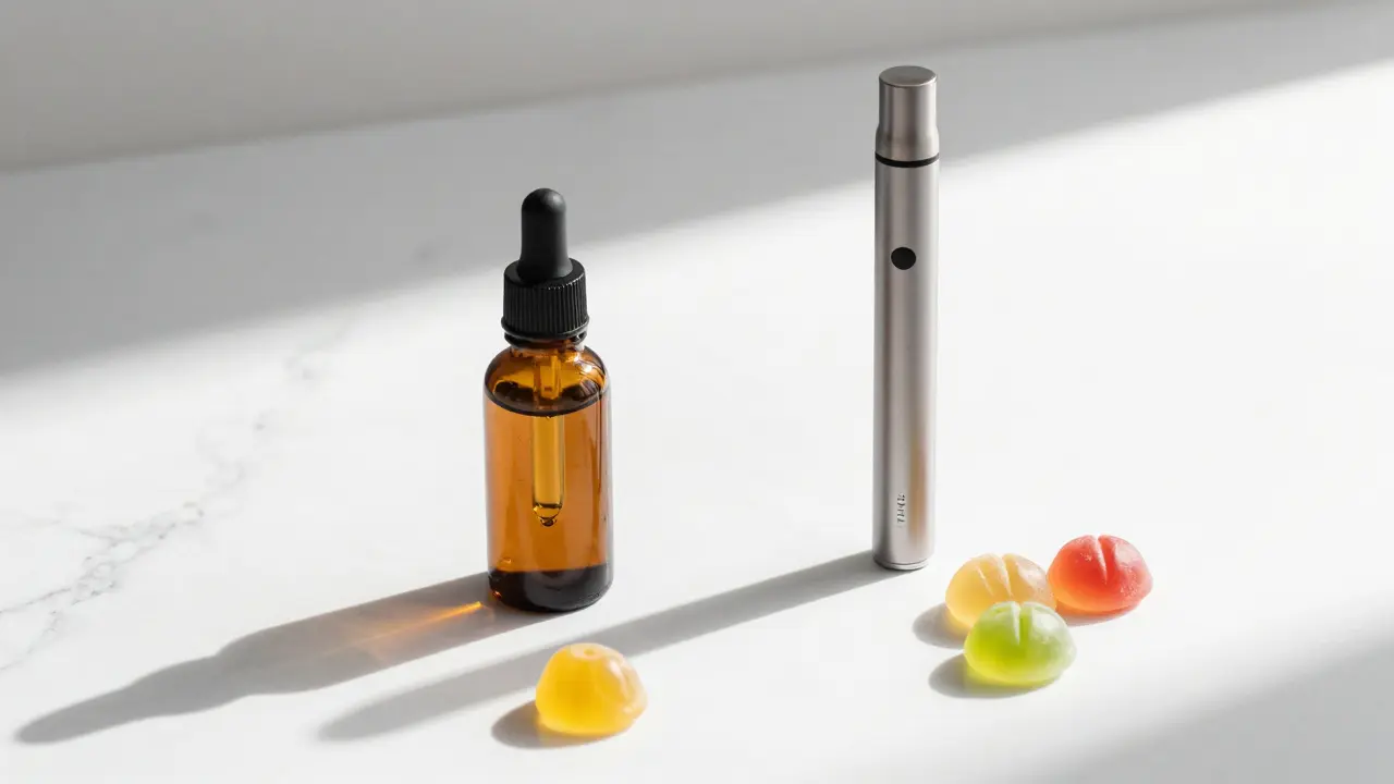 Sada produktů THCP: kapky v lahvičce, vape pen a barevné žvýkací bonbony na mramoru.