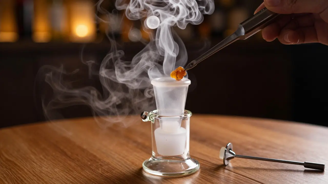 Skleněný dab rig s hustým bílým výparem z vaporizace koncentrátu.
