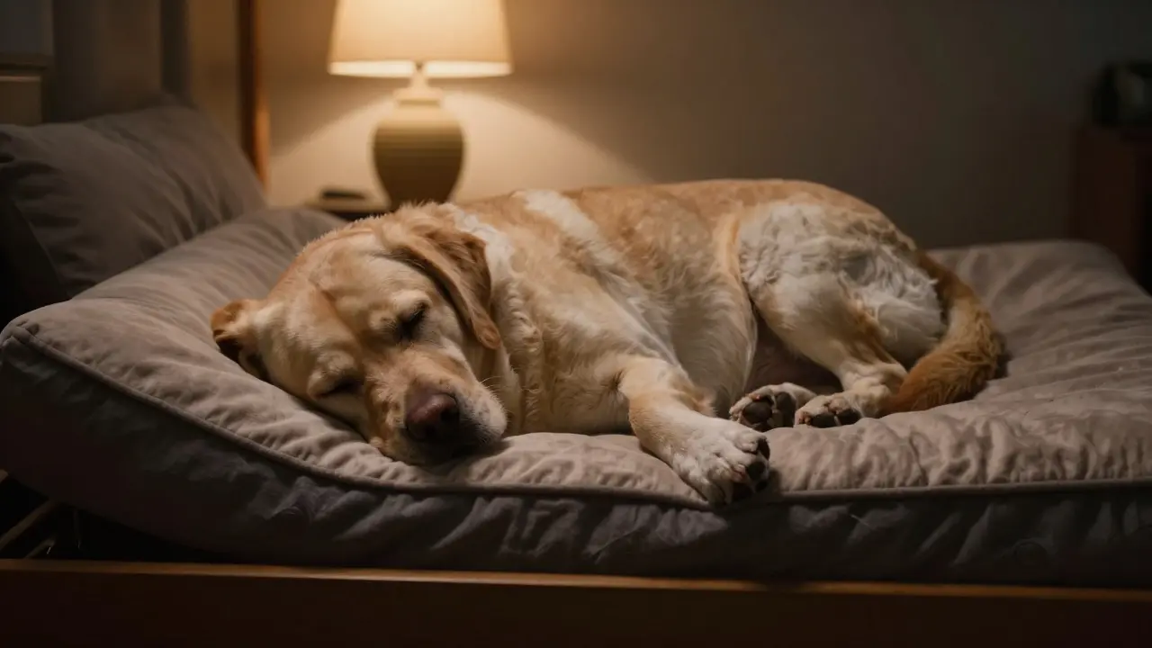 Starý labrador klidně spící na pelíšku v příjemném večerním světle.