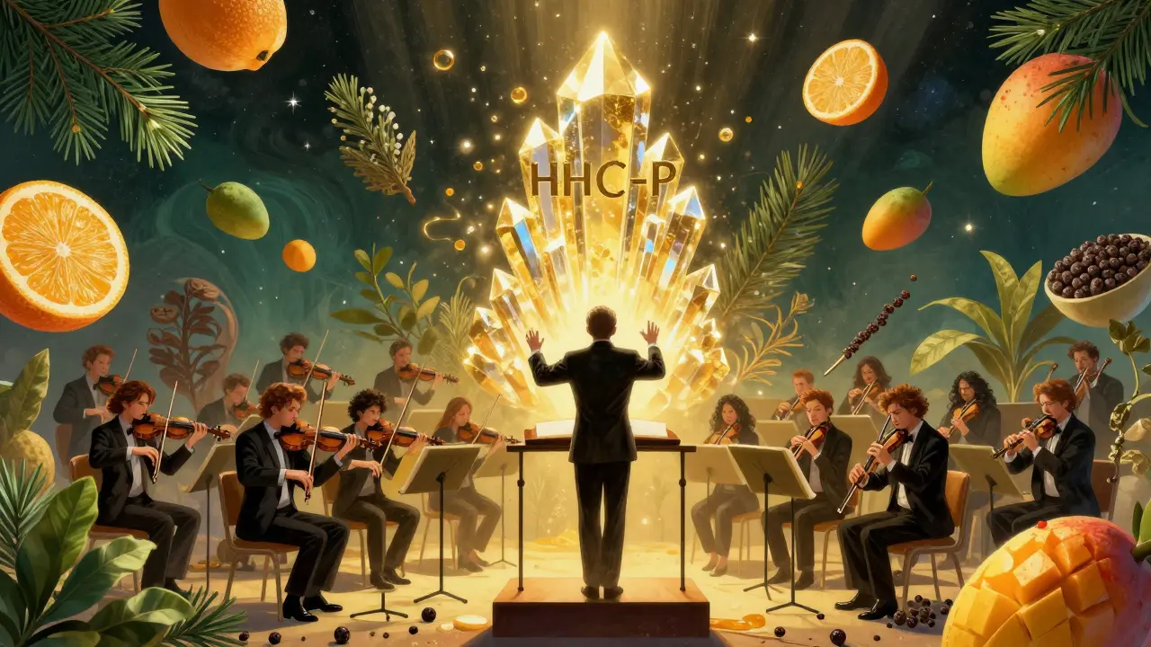 Surrealní orchestr z botanických prvků symbolizující entourage efekt.