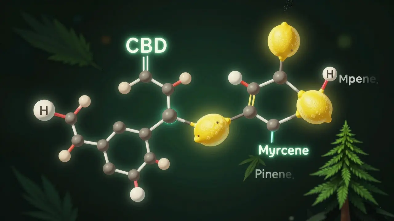 Abstraktní molekuly kanabinoidů a terpenů interagují