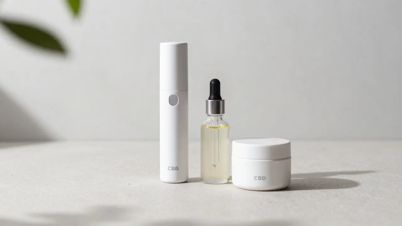 Elegantní uspořádání vaporizéru, CBD oleje a krému na kamenném povrchu.