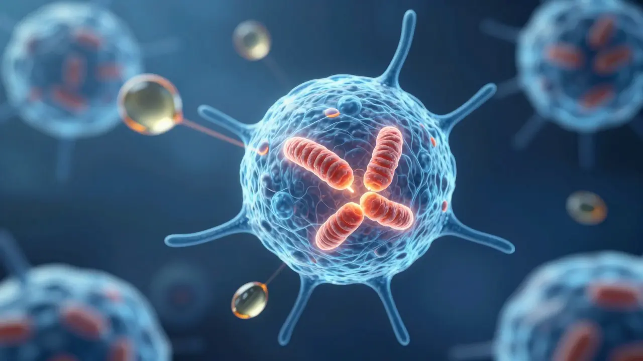 Ilustrace buněčné energie a mitochondrií s tukovými kyselinami
