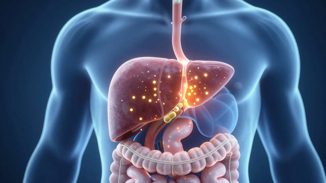 Konceptuální ilustrace metabolismu CBD v játrech lidského těla