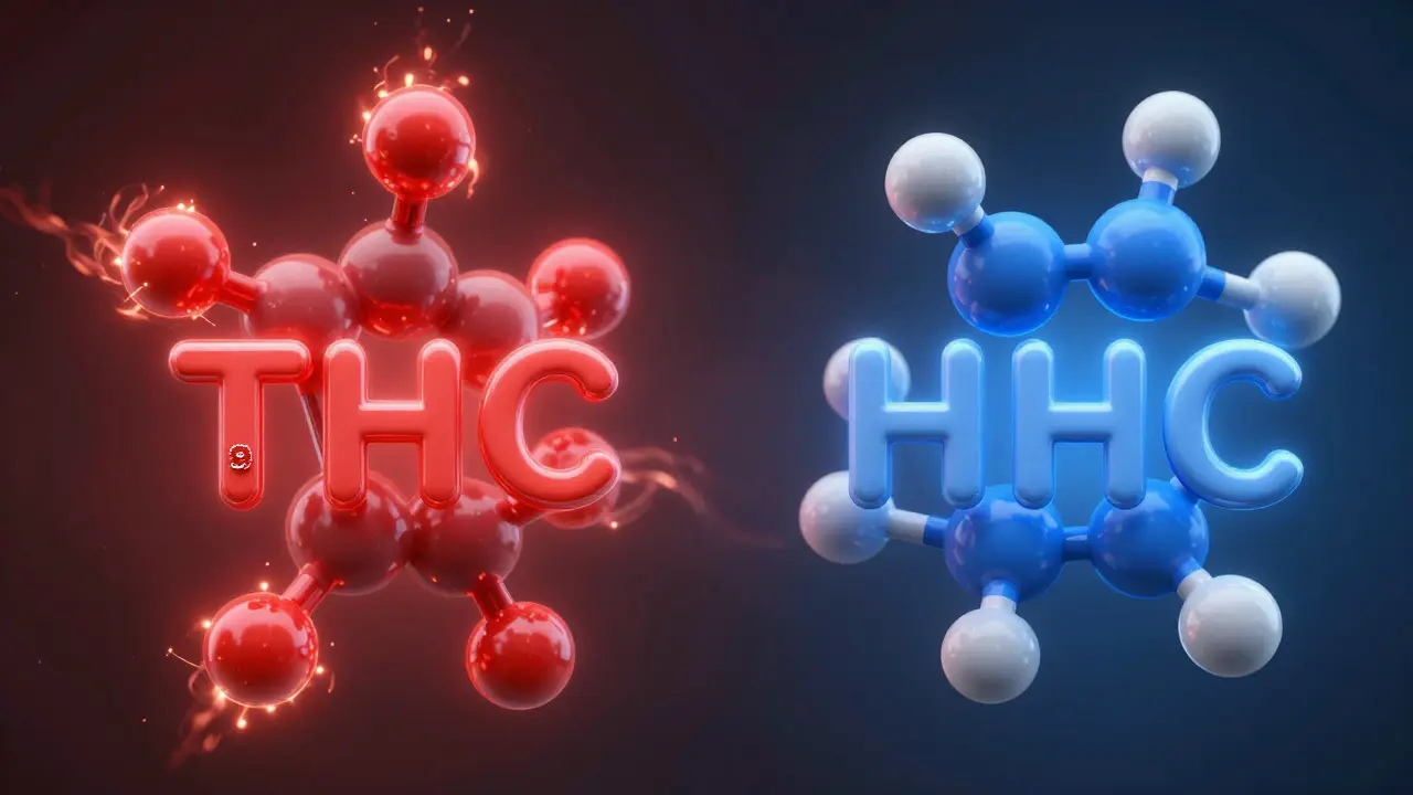 Konceptuální ilustrace molekulárních struktur HHC a Delta-9 THC
