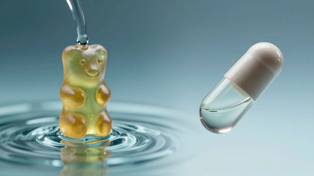 Konceptuální srovnání absorpce CBD gumy a kapsle v těle