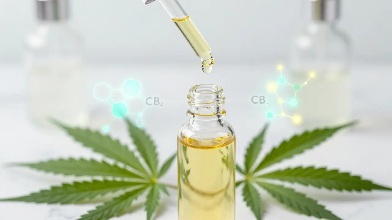 Kvapkadlo s CBD olejem obklopené konopnými listy a vizualizací endokanabinoidního systému.